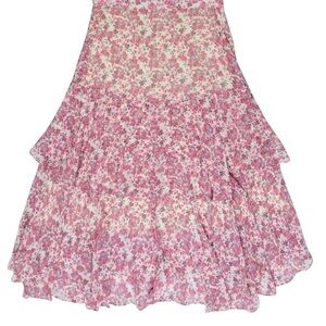 LoveShackFancy - Cream Tiered Midi Skirt W/ Pink Floral Print Sz XS